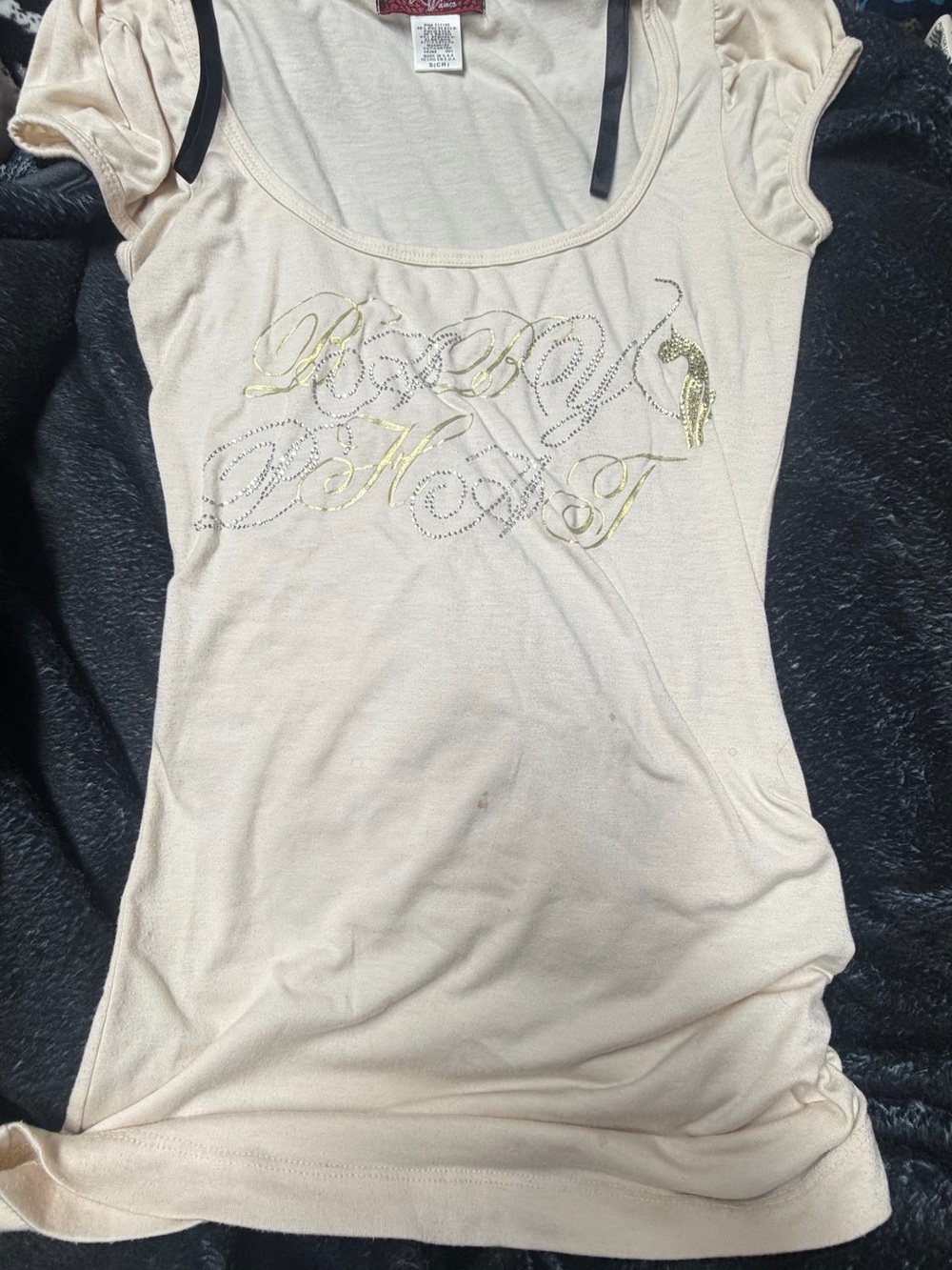 Baby Phat Cream Scoop Neck Rhinestone & Gold Script Tank